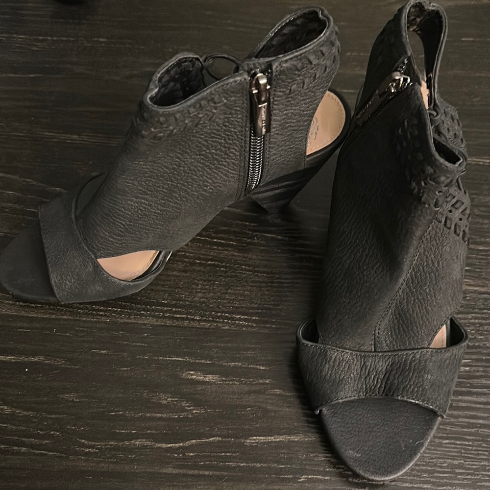 Vince Camuto Emmia Black Leather Open Toe Heeled Bootie